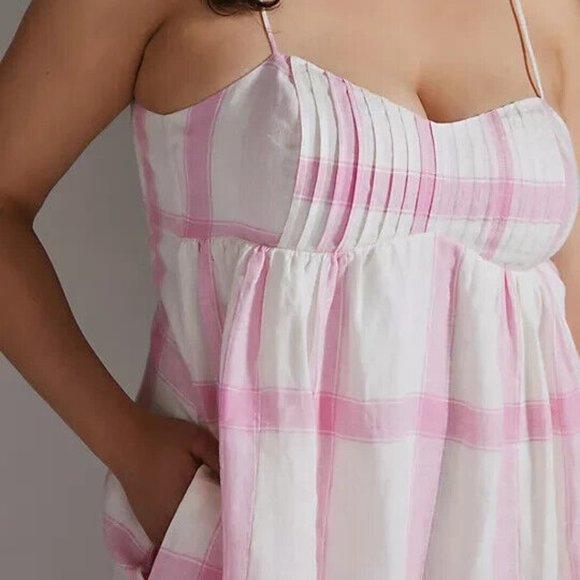 Anthropologie Maeve 1X NWT Pink Plaid Linen Tie-Back Maxi Dress Bohemian 180$ - Picture 5 of 13